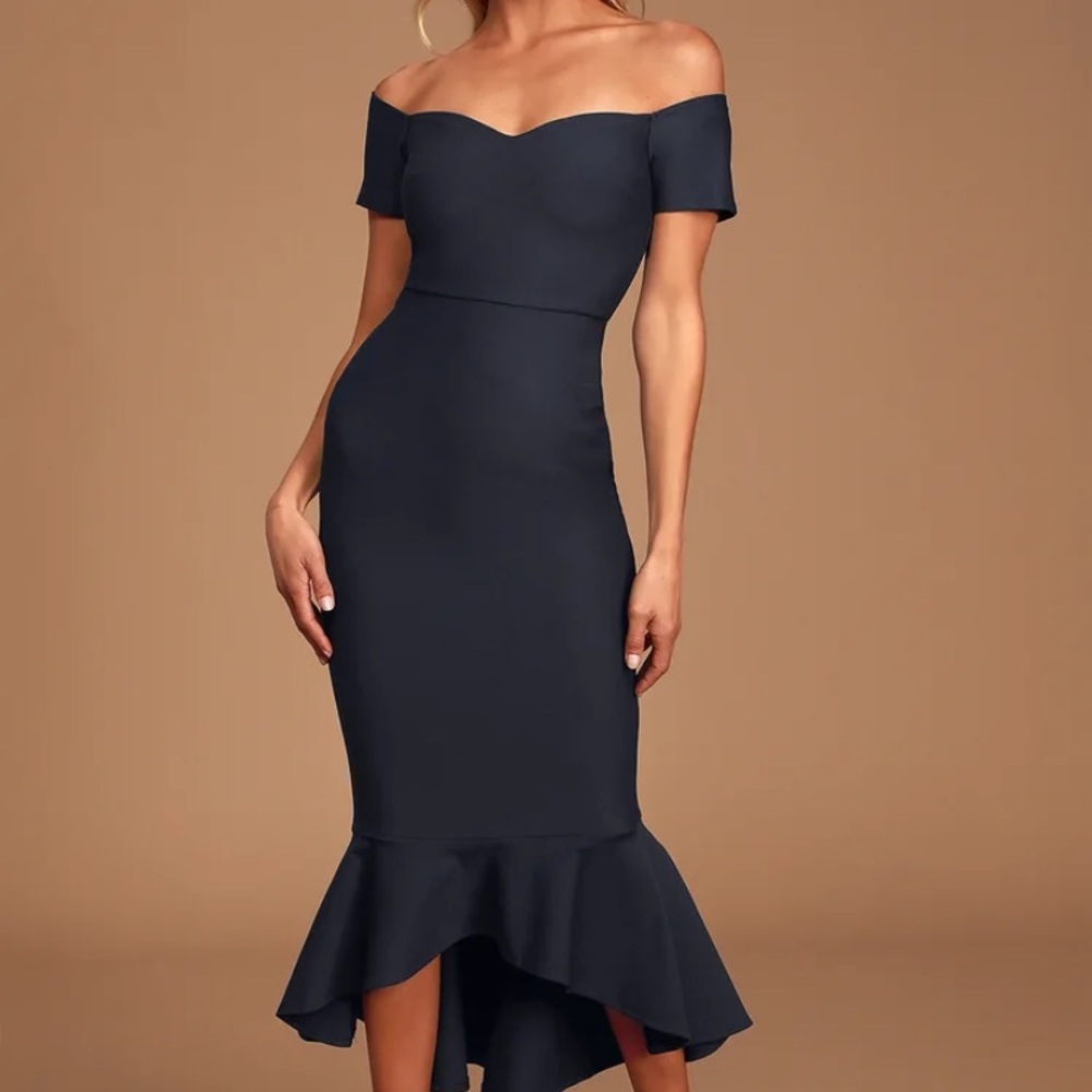 Lulus navy blue off the shoulder tight midi dress